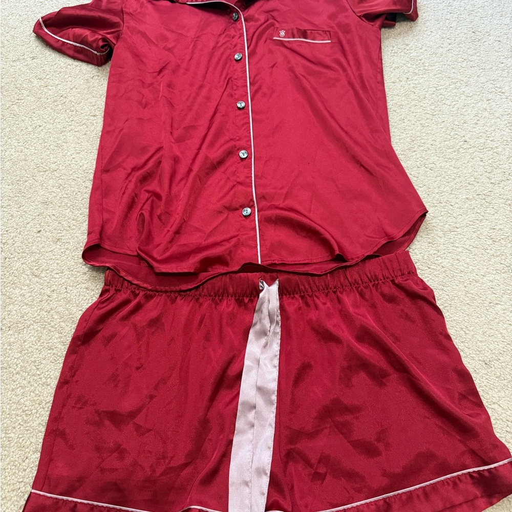 Victoria's Secret Burgundy Pajama Set with Pink Trim